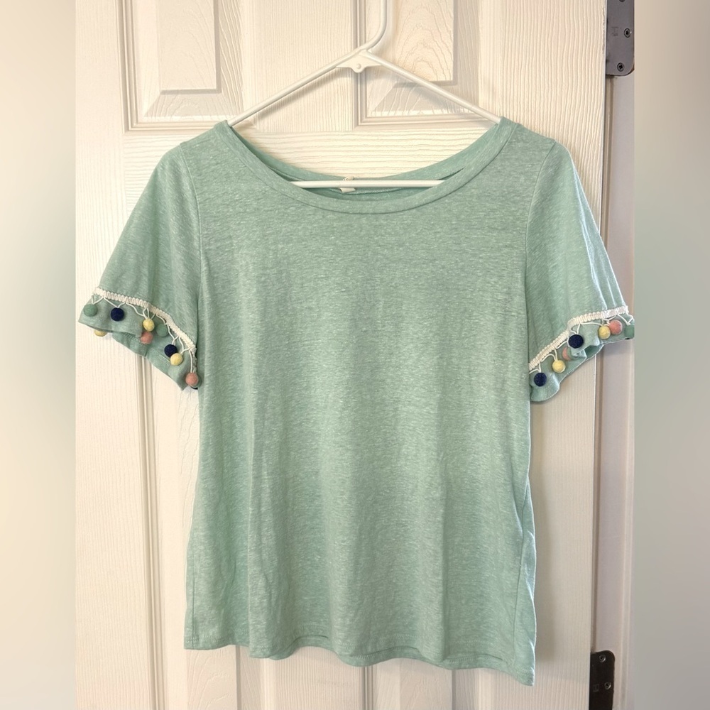 Women's Top Size Small Light Blue Short Sleeve with Multicolored Pom-pom Trim